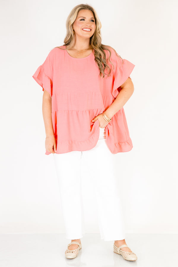 Chic Soul plus size clothing, pink tiered top with short sleeves that have a ruffle detail 
