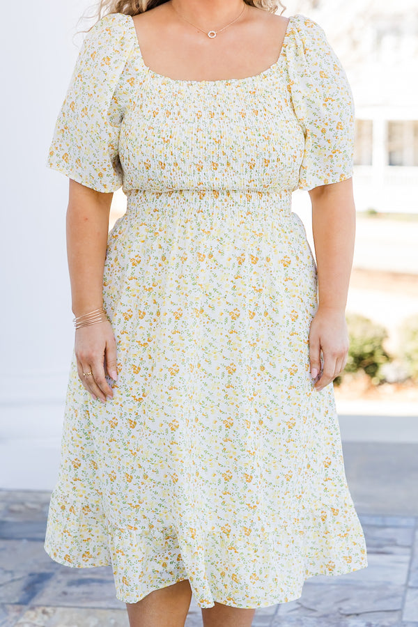 Chic Soul plus size clothing, yellow floral print midi dress with smocked top and short sleeves