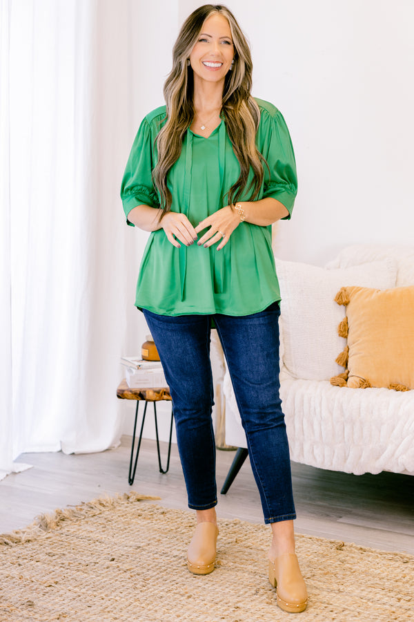 Chic Soul plus size clothing, short-puffed-sleeve kelly green top with a ruffled neckline with a tie 