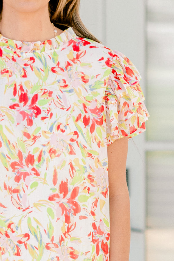 Chic Soul plus size clothing, burnt red and cream floral dress with flutter sleeves and high neckline