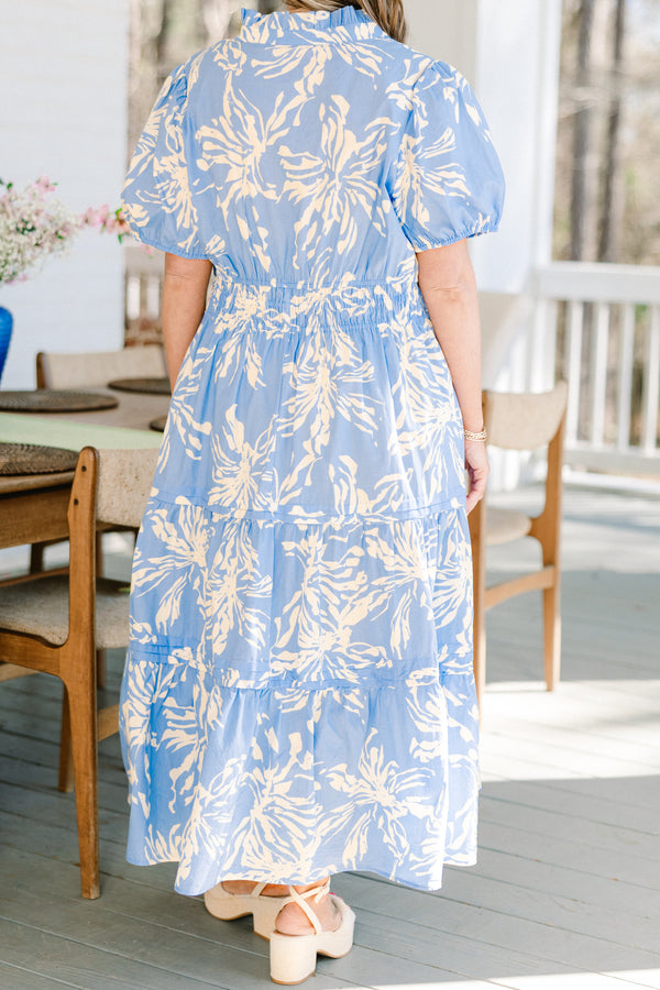 Chic Soul plus size clothing, blue puff sleeve midi dress with white floral print 