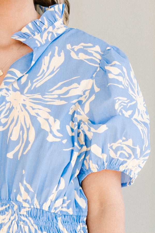 Chic Soul plus size clothing, blue puff sleeve midi dress with white floral print 