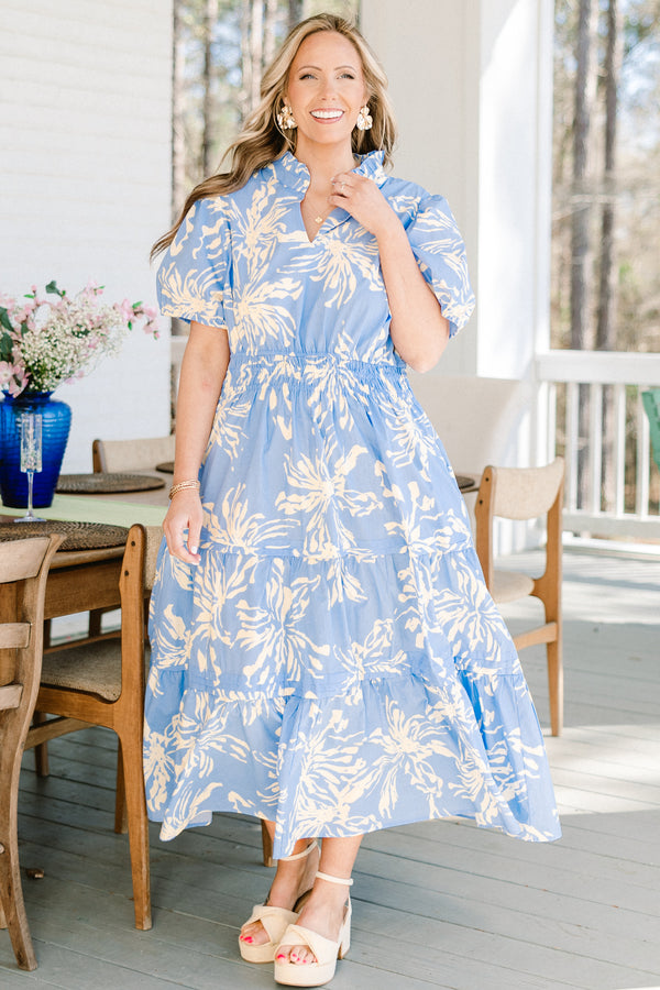 Chic Soul plus size clothing, blue puff sleeve midi dress with white floral print 