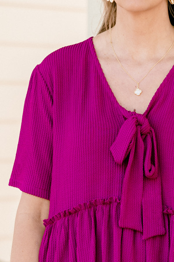 Chic soul plus size clothing, purple stripe short sleeve top, with a tie bow at the bottom of the neckline