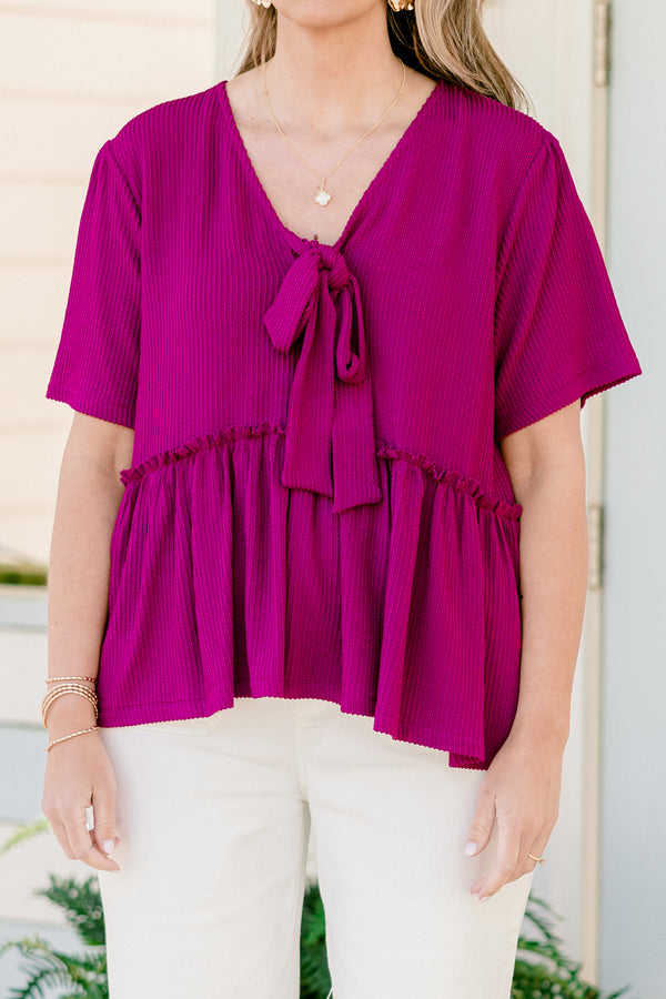 Chic soul plus size clothing, purple stripe short sleeve top, with a tie bow at the bottom of the neckline