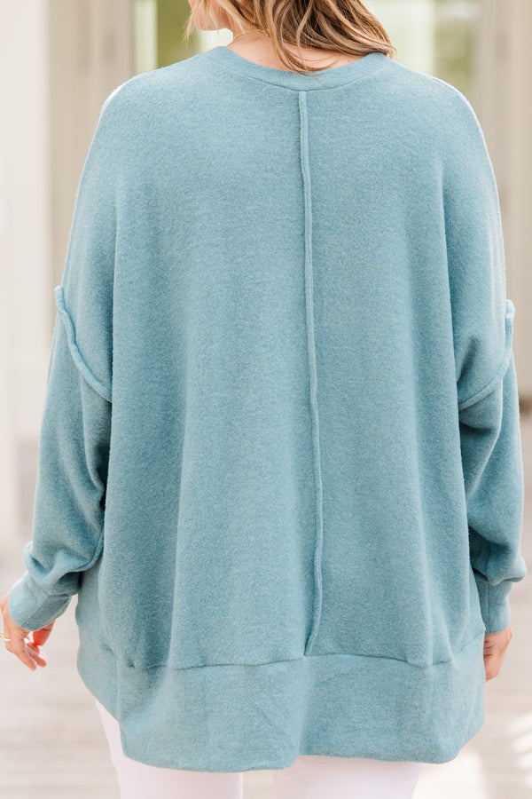 Chic Soul plus size clothing, dusty teal long sleeve fuzzy sweater with round neckline with chest pocket and outer stitching detail with cuff on sleeves and bottom with slit on side