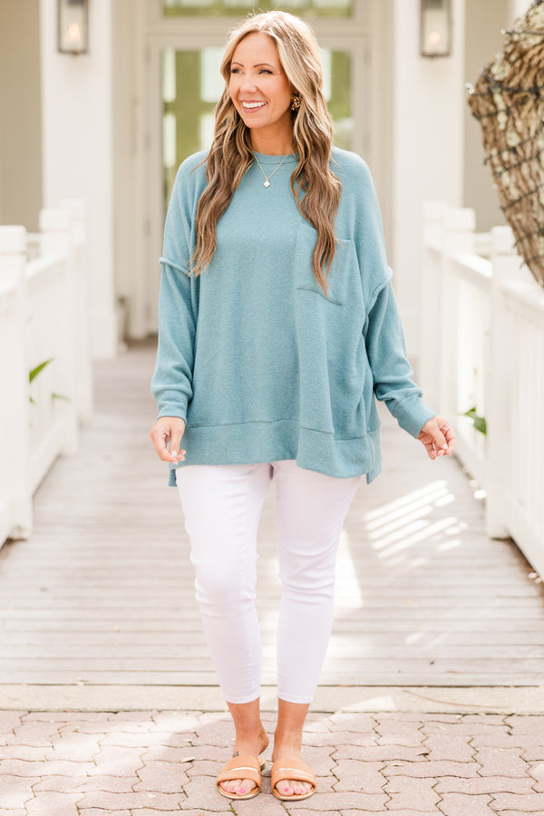 Chic Soul plus size clothing, dusty teal long sleeve fuzzy sweater with round neckline with chest pocket and outer stitching detail with cuff on sleeves and bottom with slit on side
