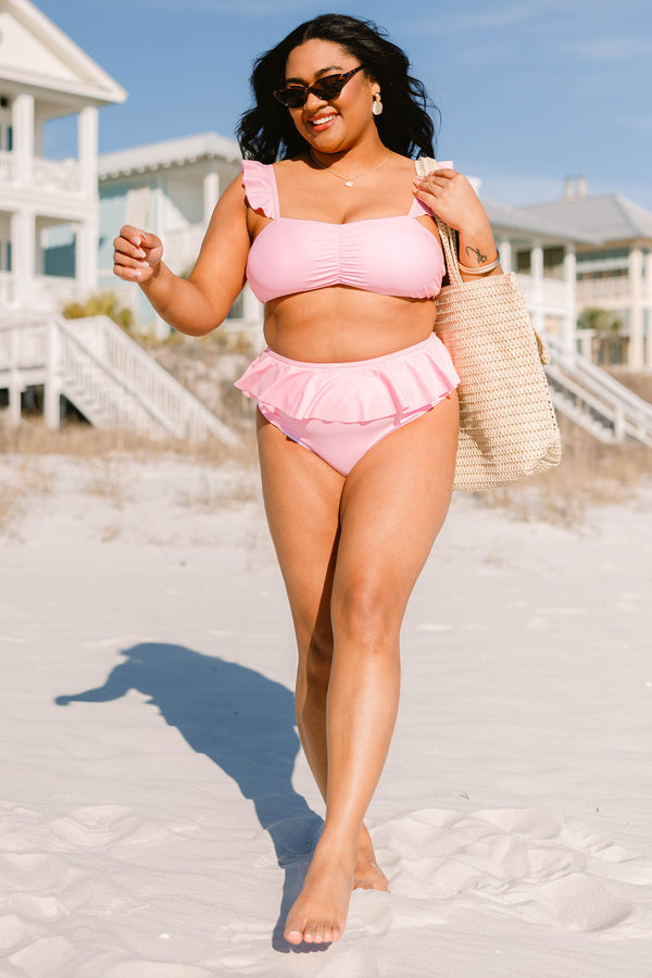 Chic Soul plus size clothing, pink high waited swim bottoms with ruffle along waistband 
