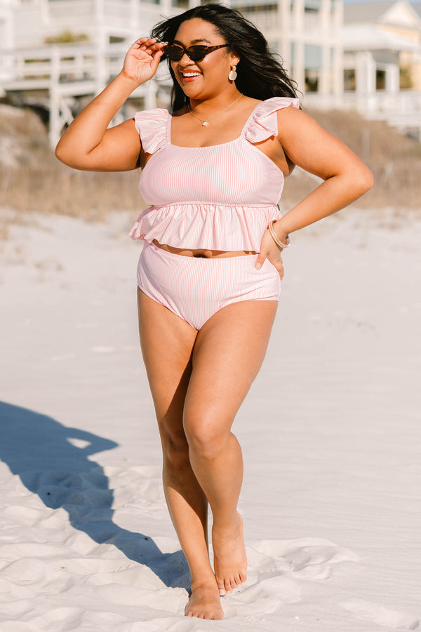 Chic Soul plus size clothing, flutter-strap pink and white stripe tankini top with a subtle scoop-neckline with ruffled detailing 