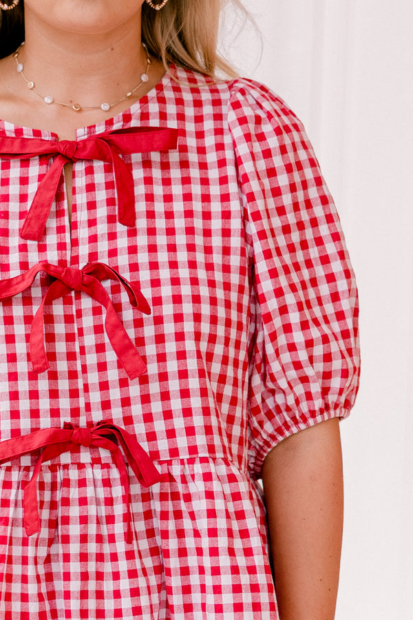 Chic Soul plus size clothing, red and white gingham short-bubble sleeve babydoll top with three red bows on front