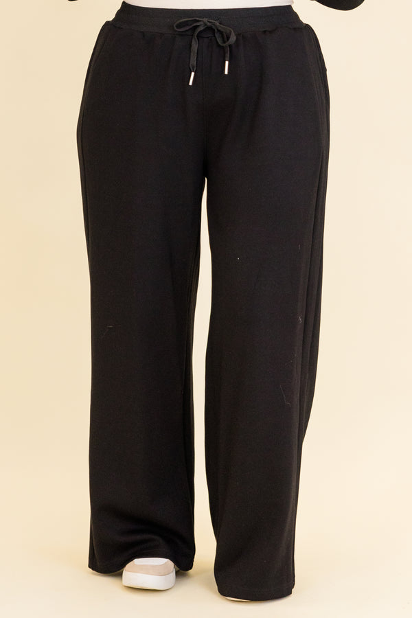 Chic Soul plus size clothing, black long straight leg pants with stretchy waistband and drawstring detail
