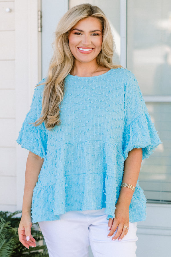 Chic Soul plus size clothing, blue flowy swiss dotted top with short bubble sleeves
