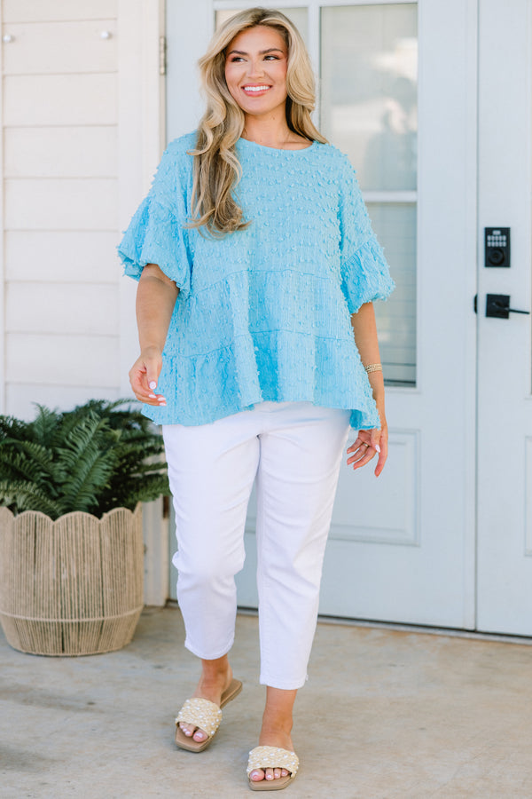 Chic Soul plus size clothing, blue flowy swiss dotted top with short bubble sleeves