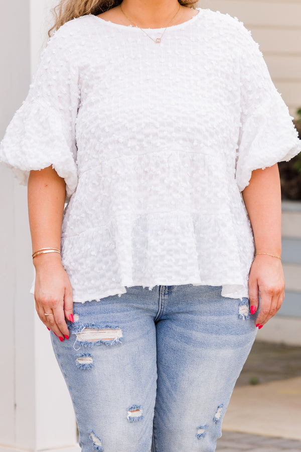 Chic Soul plus size clothing, short sleeve white top with puffed sleeves and spotted texture detailing