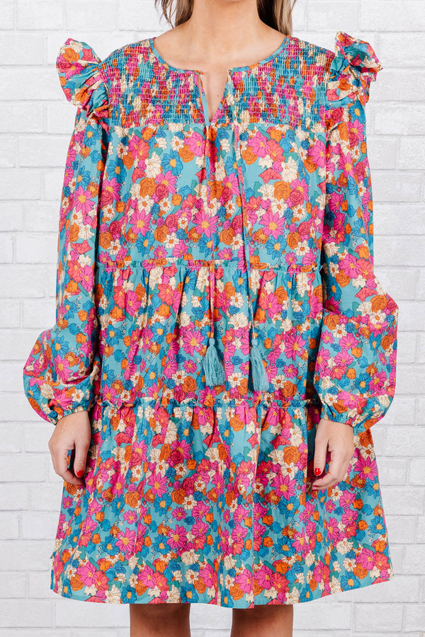 Chic Soul plus size clothing, Puff sleeve knee length dress in mint pink, with pink, blue, and orange floral design with ruching along neck and tie detail