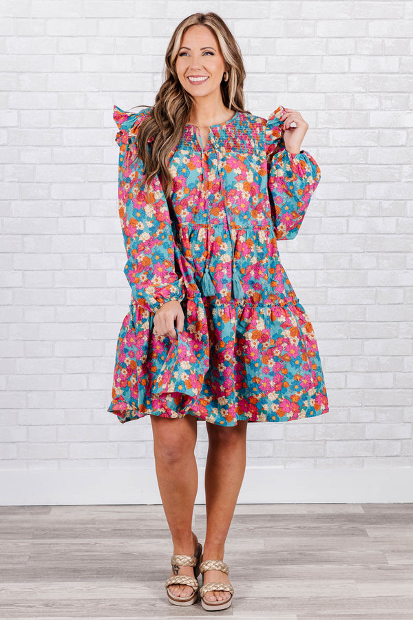 Chic Soul plus size clothing, Puff sleeve knee length dress in mint pink, with pink, blue, and orange floral design with ruching along neck and tie detail