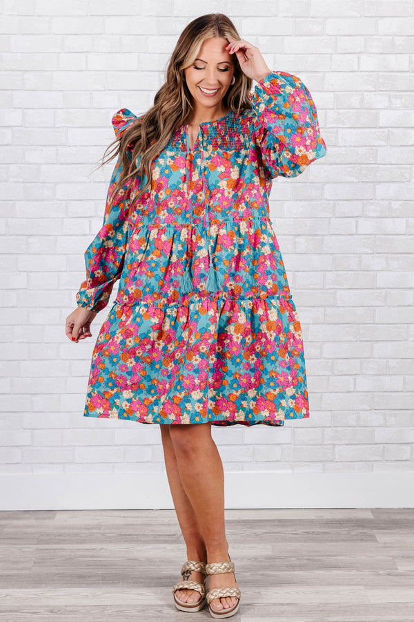 Chic Soul plus size clothing, Puff sleeve knee length dress in mint pink, with pink, blue, and orange floral design with ruching along neck and tie detail