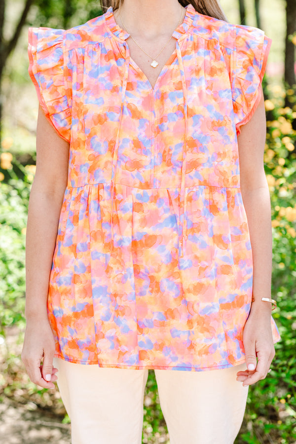 Chic Soul plus size clothing, orange and blue floral babydoll top with short flutter sleeves and v-neckline 