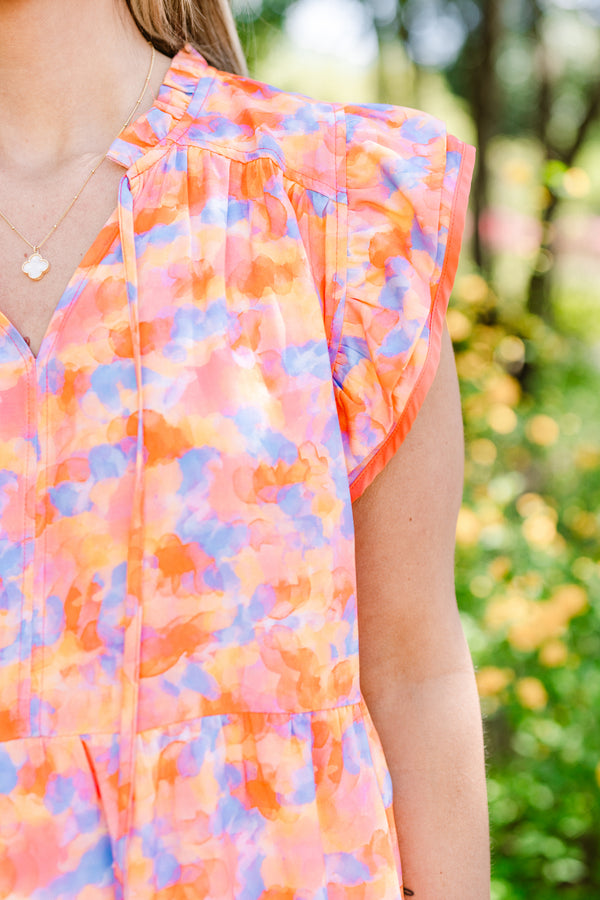 Chic Soul plus size clothing, orange and blue floral babydoll top with short flutter sleeves and v-neckline 