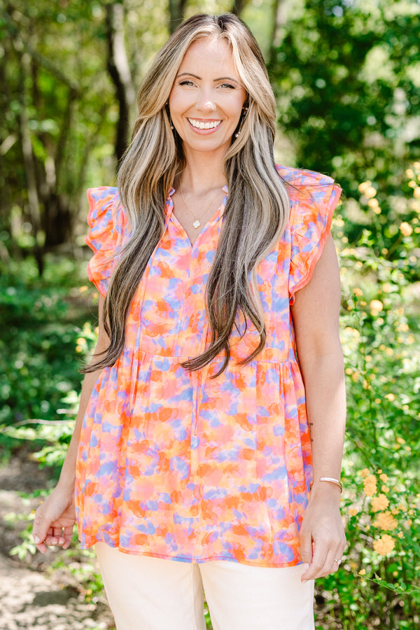 Chic Soul plus size clothing, orange and blue floral babydoll top with short flutter sleeves and v-neckline 