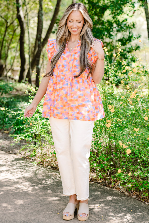 Chic Soul plus size clothing, orange and blue floral babydoll top with short flutter sleeves and v-neckline 