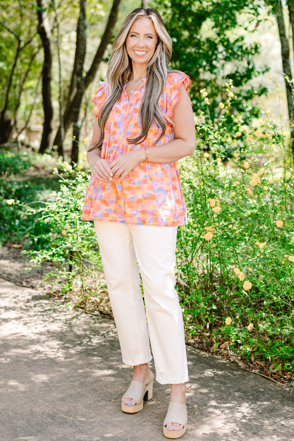 Chic Soul plus size clothing, orange and blue floral babydoll top with short flutter sleeves and v-neckline 