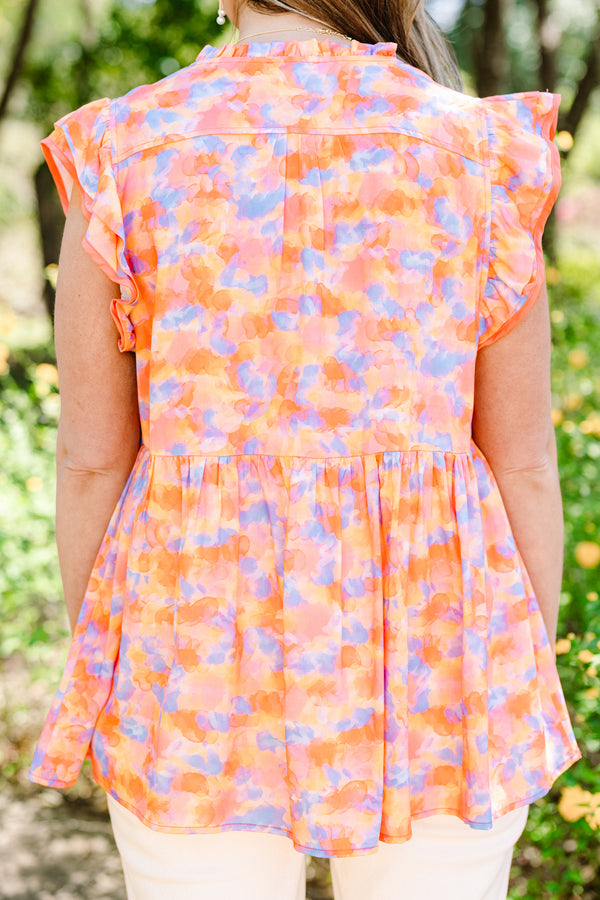 Chic Soul plus size clothing, orange and blue floral babydoll top with short flutter sleeves and v-neckline 