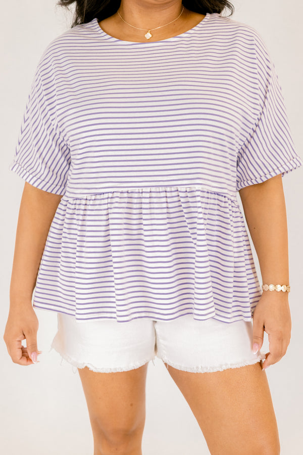 Chic Soul plus size clothing,  lavender striped top with a flowy detail on the bottom of the top and short sleeves 