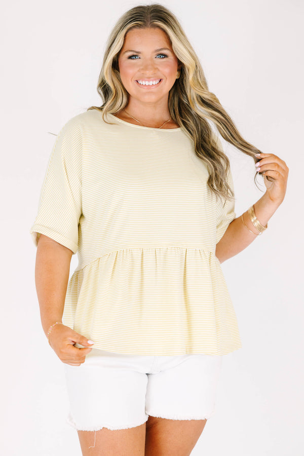 Chic Soul plus size clothing, short sleeve soft yellow babydoll top with ribbed material