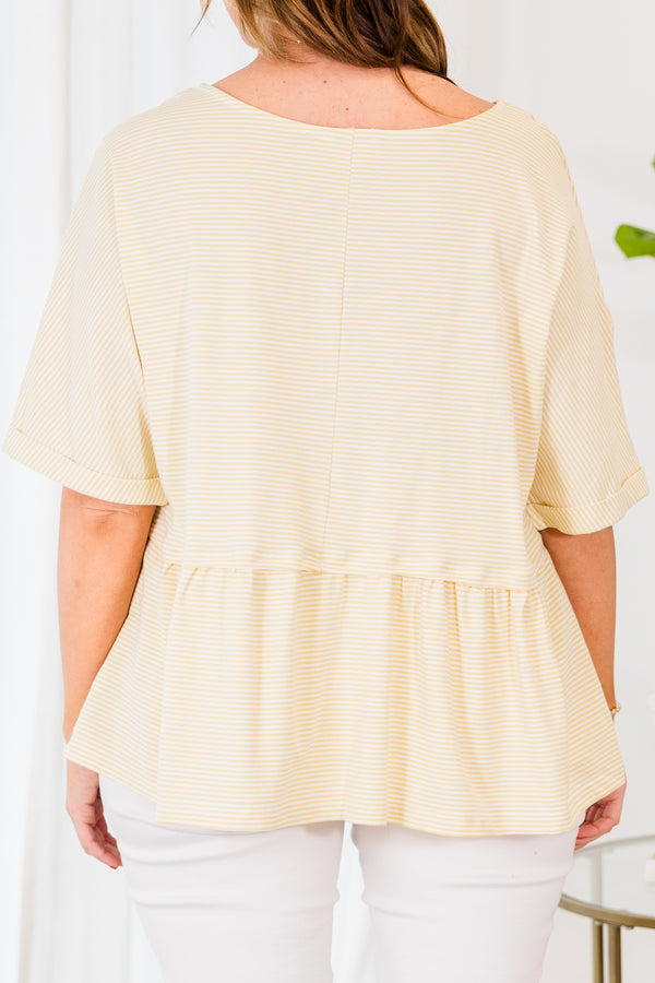 Chic Soul plus size clothing, short sleeve soft yellow babydoll top with ribbed material