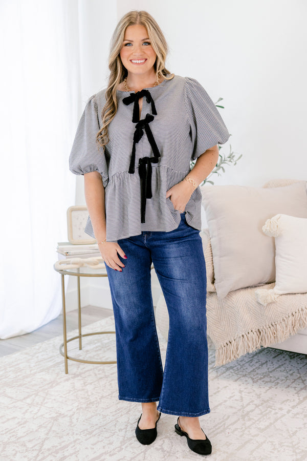 Chic Soul plus size clothing, black and white small gingham print baby doll puff short sleeve top with three black bow ties along the front