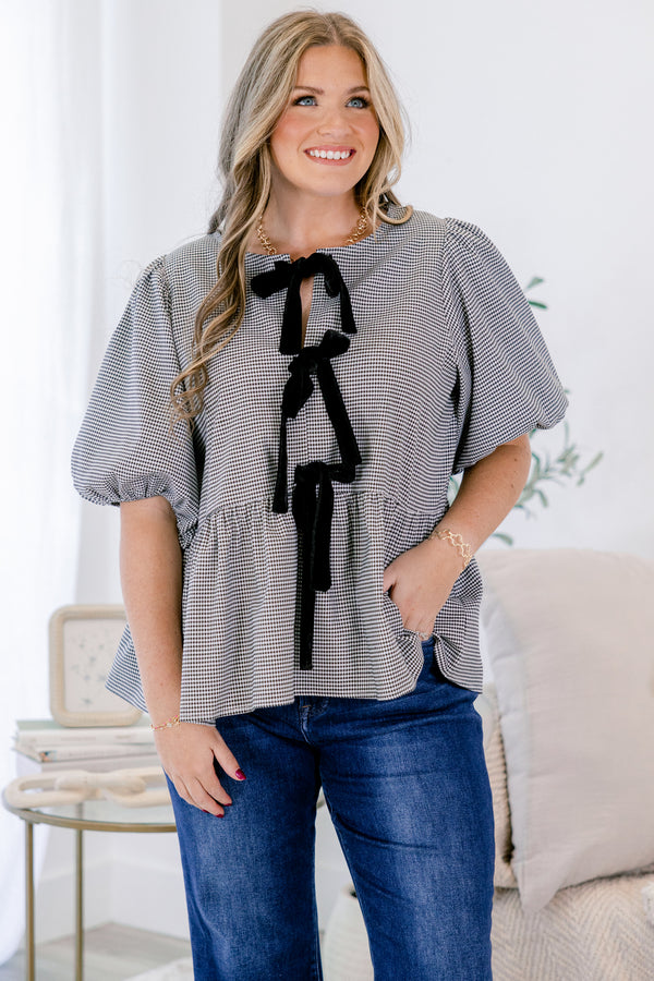 Chic Soul plus size clothing, black and white small gingham print baby doll puff short sleeve top with three black bow ties along the front
