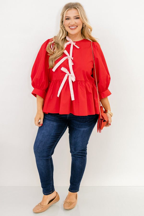 Chic Soul plus size clothing, red long sleeve baby doll blouse with 3 pink ties down the front