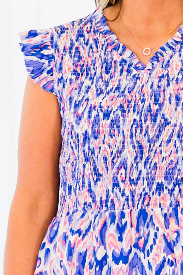 Chic Soul plus size clothing, blue short sleeve top with abstract print with smocked top and ruffle sleeves