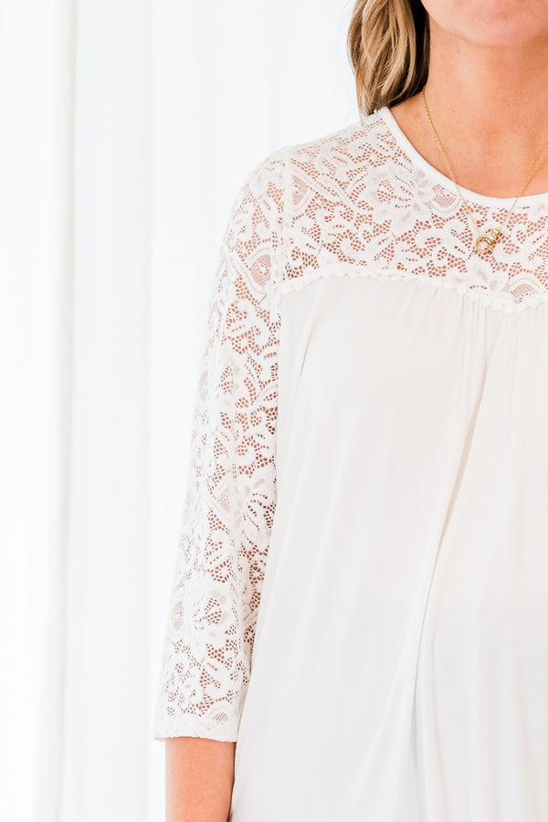 Chic Soul plus size clothing, quarter sleeve flowy ivory blouse with lace details and sleeves
