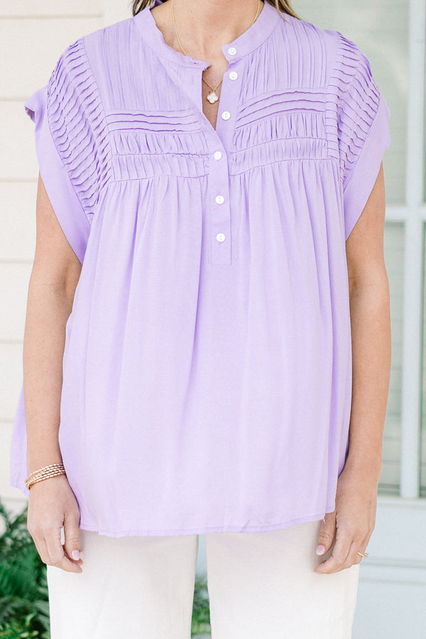 Chic Soul plus size clothing, lilac short sleeve button up top with round neckline with textured design along top and sleeves with cuff sleeves