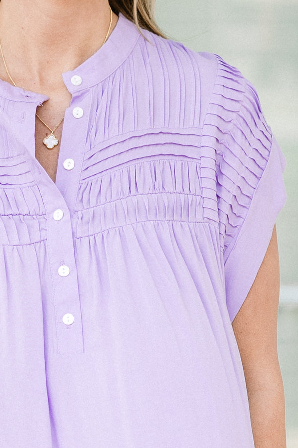 Chic Soul plus size clothing, lilac short sleeve button up top with round neckline with textured design along top and sleeves with cuff sleeves