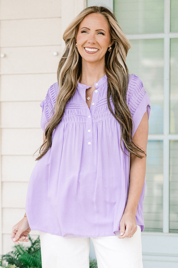 Chic Soul plus size clothing, lilac short sleeve button up top with round neckline with textured design along top and sleeves with cuff sleeves