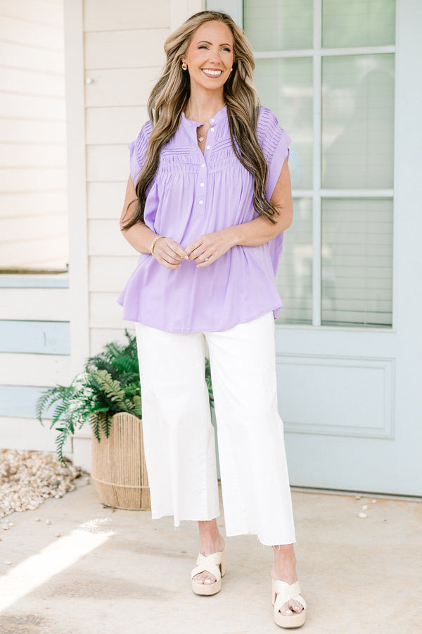 Chic Soul plus size clothing, lilac short sleeve button up top with round neckline with textured design along top and sleeves with cuff sleeves