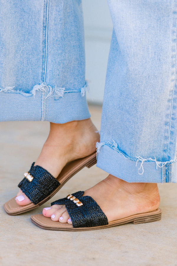 Chic Soul plus size clothing, black textured sandals with bronze hardware
