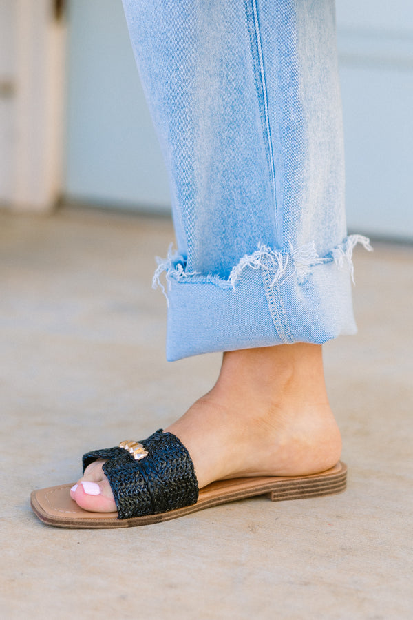 Chic Soul plus size clothing, black textured sandals with bronze hardware