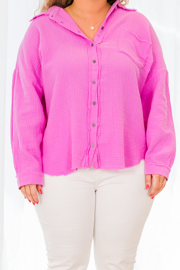 Chic Soul plus size clothing, long sleeve buttoned bright mauve top with distressed details