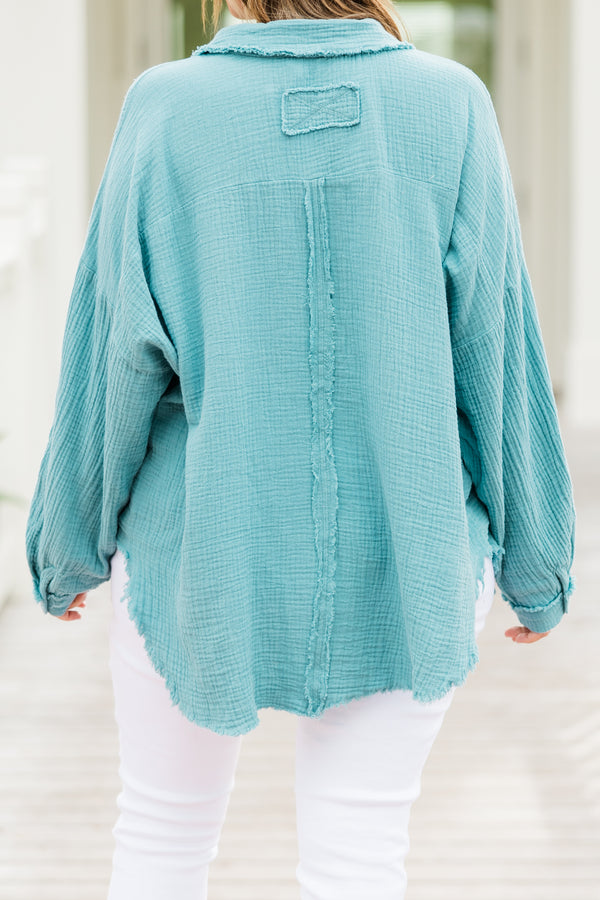 Chic Soul plus size clothing, long-sleeve dusty teal green distressed buttoned collared top with a pocket on the bodice