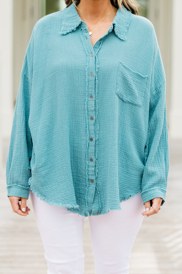 Chic Soul plus size clothing, long-sleeve dusty teal green distressed buttoned collared top with a pocket on the bodice