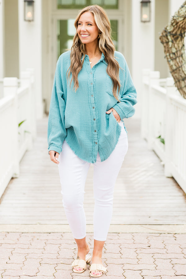 Chic Soul plus size clothing, long-sleeve dusty teal green distressed buttoned collared top with a pocket on the bodice