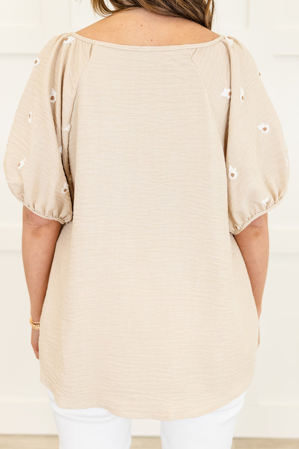 Chic Soul plus size clothing, beige top with bubble puff sleeves and dainty floral details on sleeves