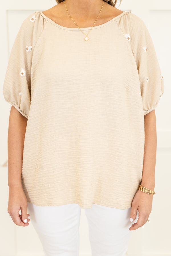 Chic Soul plus size clothing, beige top with bubble puff sleeves and dainty floral details on sleeves