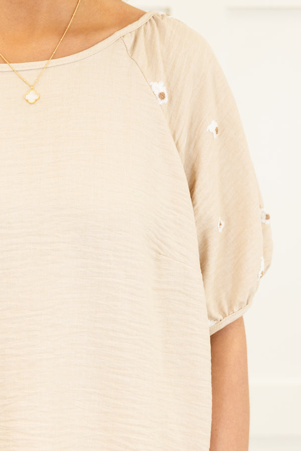 Chic Soul plus size clothing, beige top with bubble puff sleeves and dainty floral details on sleeves