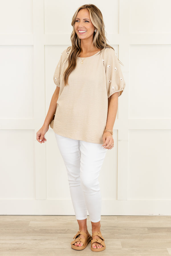 Chic Soul plus size clothing, beige top with bubble puff sleeves and dainty floral details on sleeves