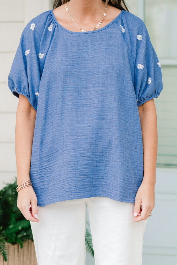 Chic Soul plus size clothing, short sleeve blue top with puff sleeves with white small floral emblems on sleeves
